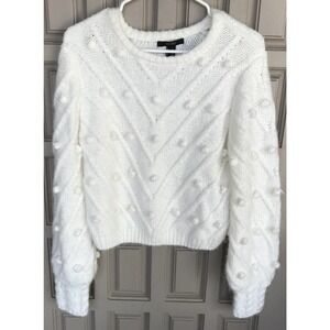 Forever 21 Sweater SzS Cropped Pom Poms White NWOT